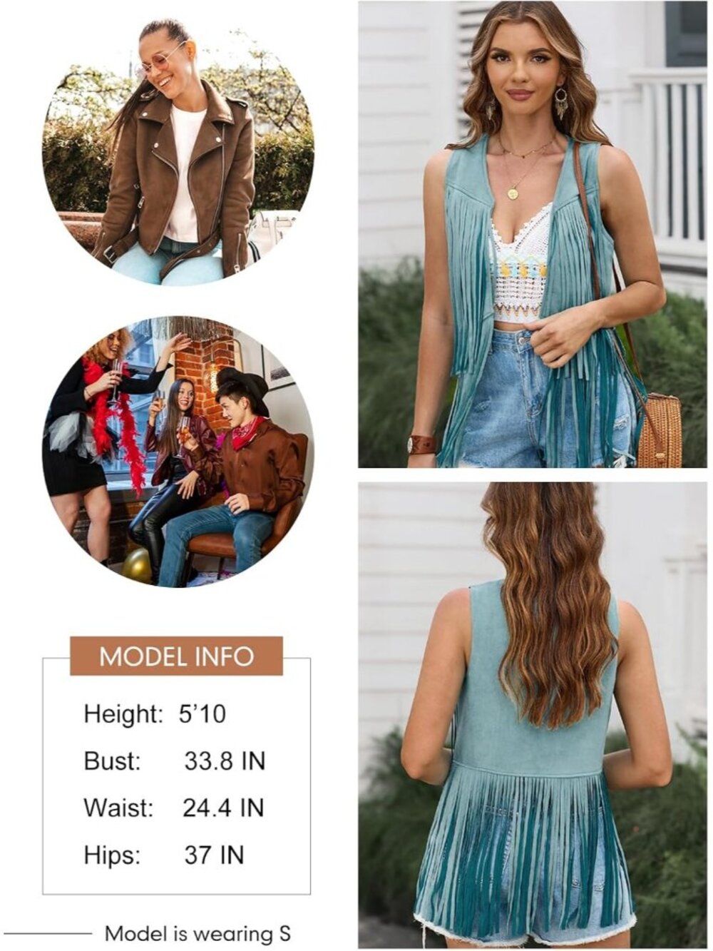 Women's Blue Fringe Vest 70s Hippie Costume Sleeveless Cowgirl Western Outfits - Picture 5 of 6